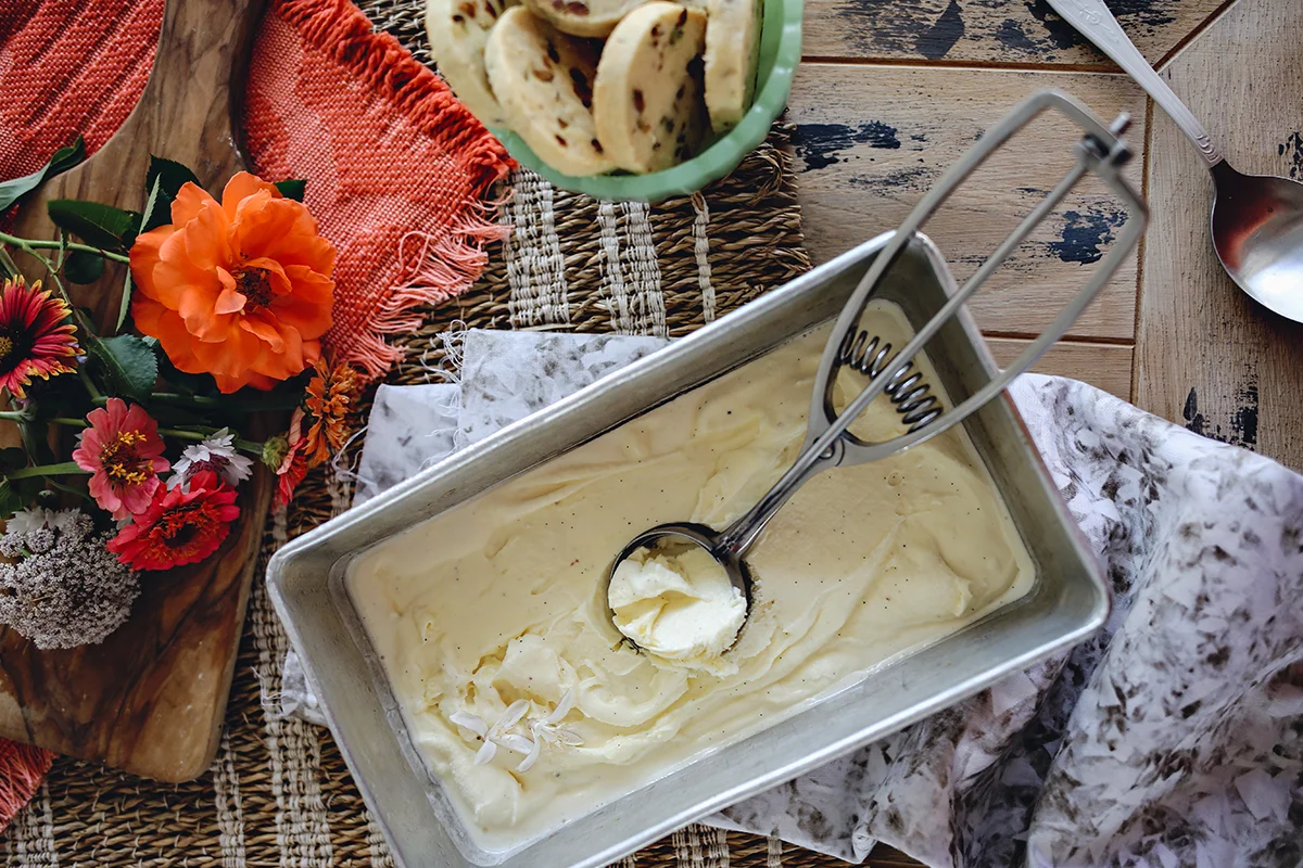 Orange Blossom Olive Oil Ice Cream & Pistachio Shortbread Cookies